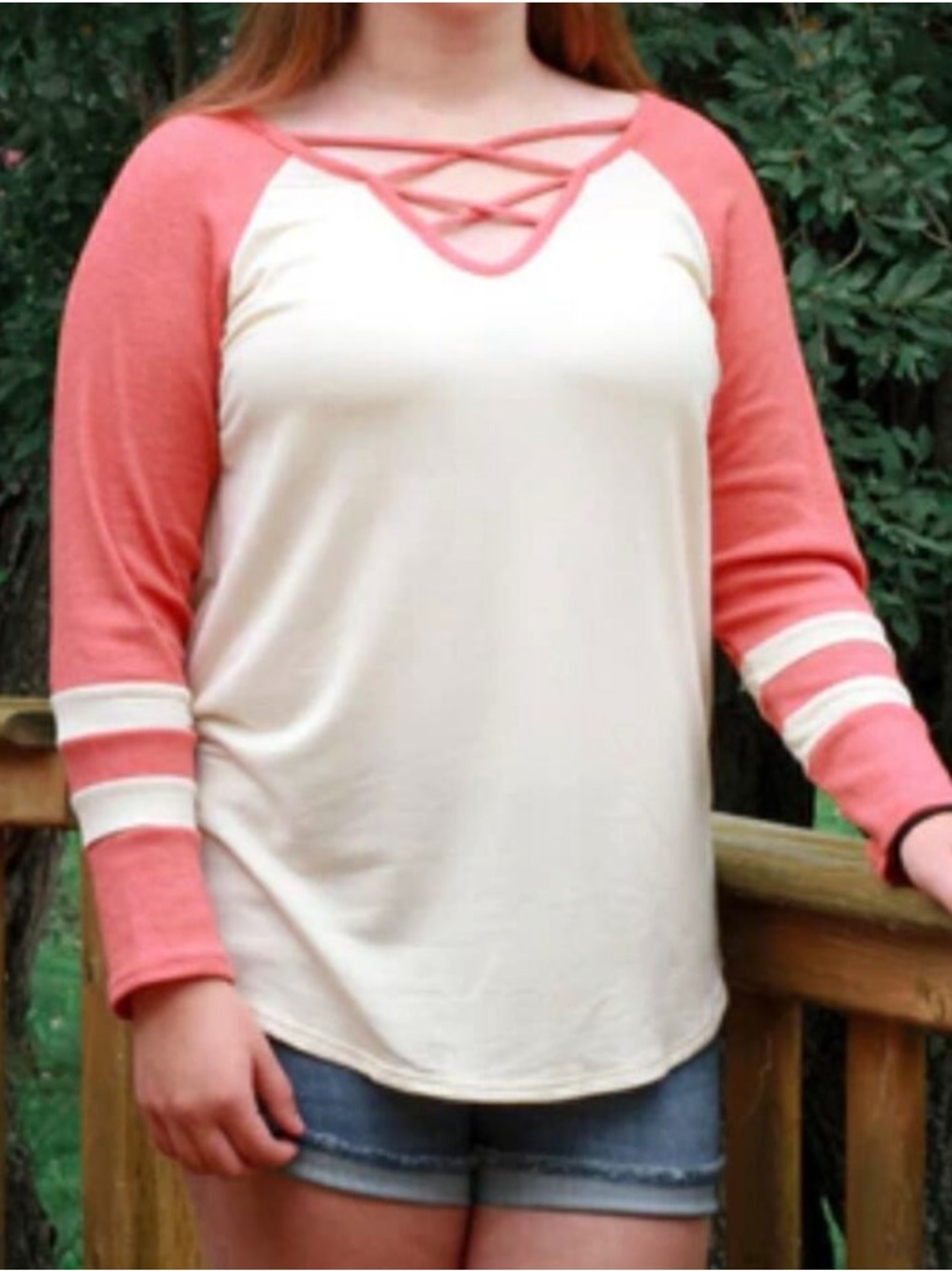 7th Ray Cream and Coral Crisscross Raglan Long Sleeve Tee